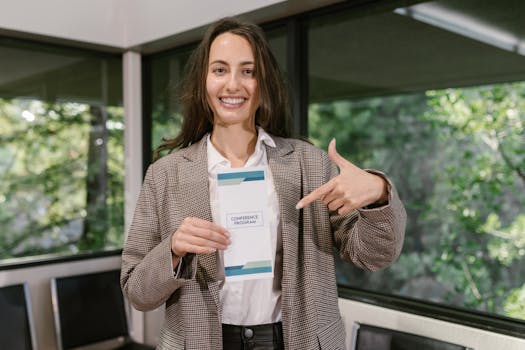 Woman indoors holding and pointing at a conference program pamphlet with a smile.